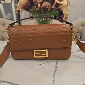 Faux Leather Embossed Top Handle Bag in Cognac